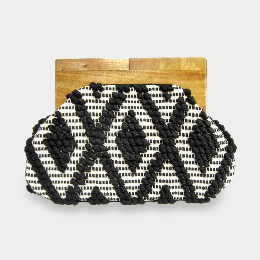Boho Pattern Wood Closure Wide Clutch Bag